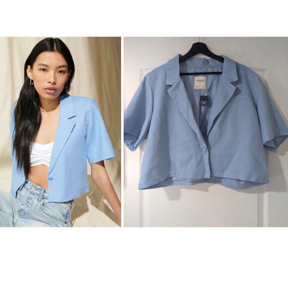 Abercrombie & Fitch Jackets & Blazers - NWT Abercrombie & Fitch | Linen-blend Short-sleeve Cropped Blazer in Blue